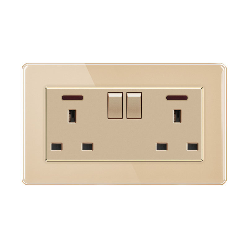 Tempered Glass Switch ABG-Double UK Socket With Switch With Indicator Light-GOLD